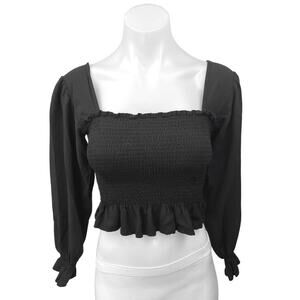 Nordstrom BP Black Smocked Ruffle Balloon Sleeve Square Neck Crop Blouse Top XXS